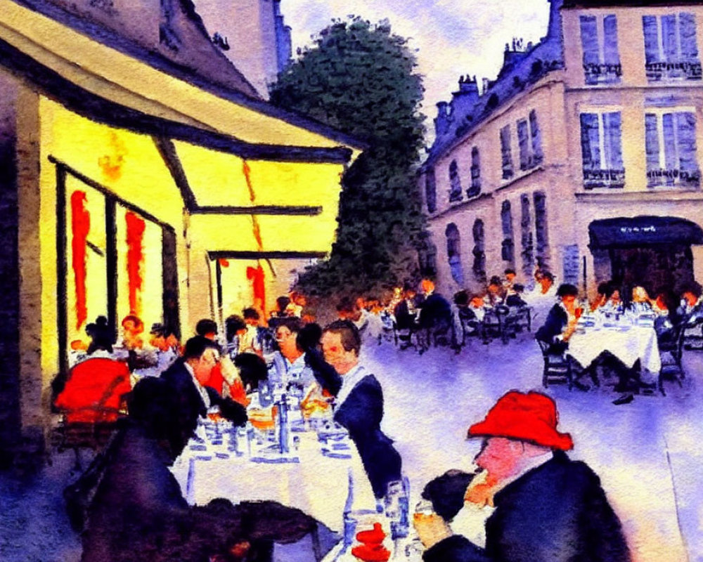 Vivid watercolor painting of outdoor evening dining scene