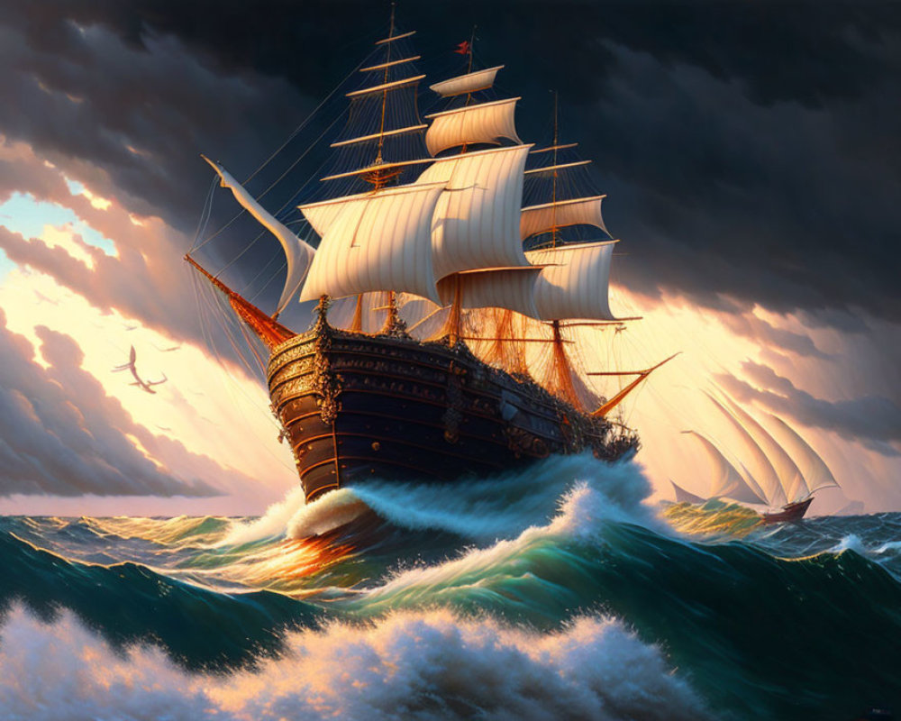 Sailing Ship with Billowing Sails on Stormy Ocean Waves