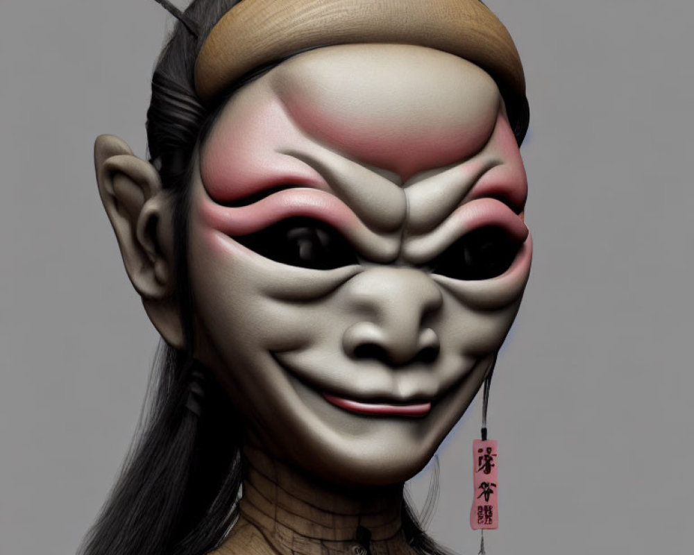 3D rendering of character with East Asian facial makeup and inscribed tag