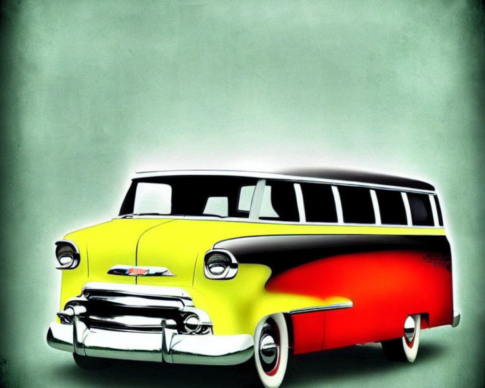 Stylized illustration of classic yellow and red Chevrolet bus on soft green background