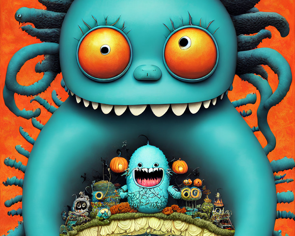 Colorful whimsical blue monsters with oversized eyes and quirky smiles in a Halloween setting.