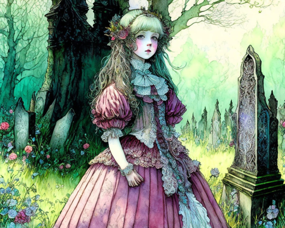 Victorian-style pink dress girl in mystical forest with flowers and stone column