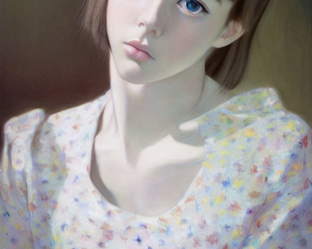 Portrait of a young woman with blue eyes and short brown hair in floral blouse