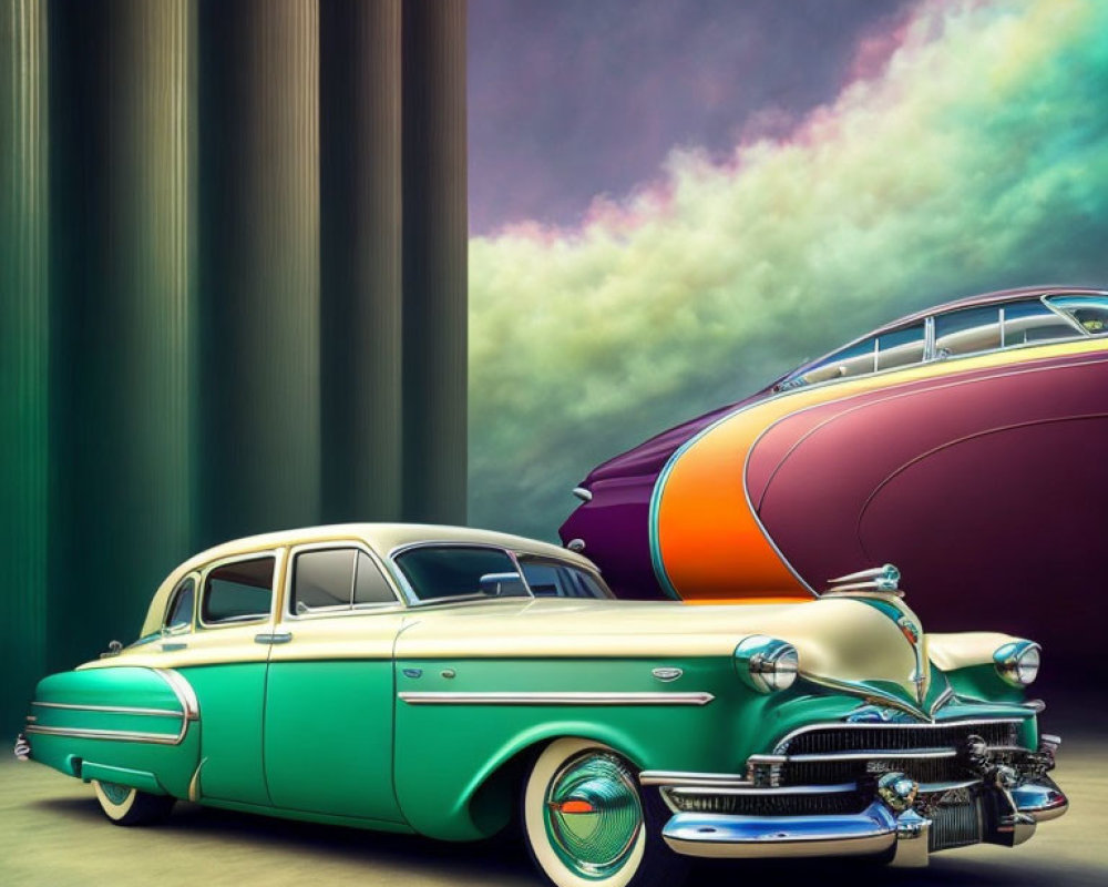 Vintage Cars with Glossy Finishes in Surreal Setting