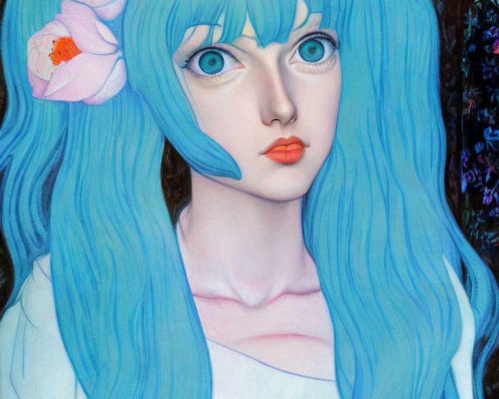 Illustration of person with vibrant blue hair, intense blue eyes, pink flower, and red lips.