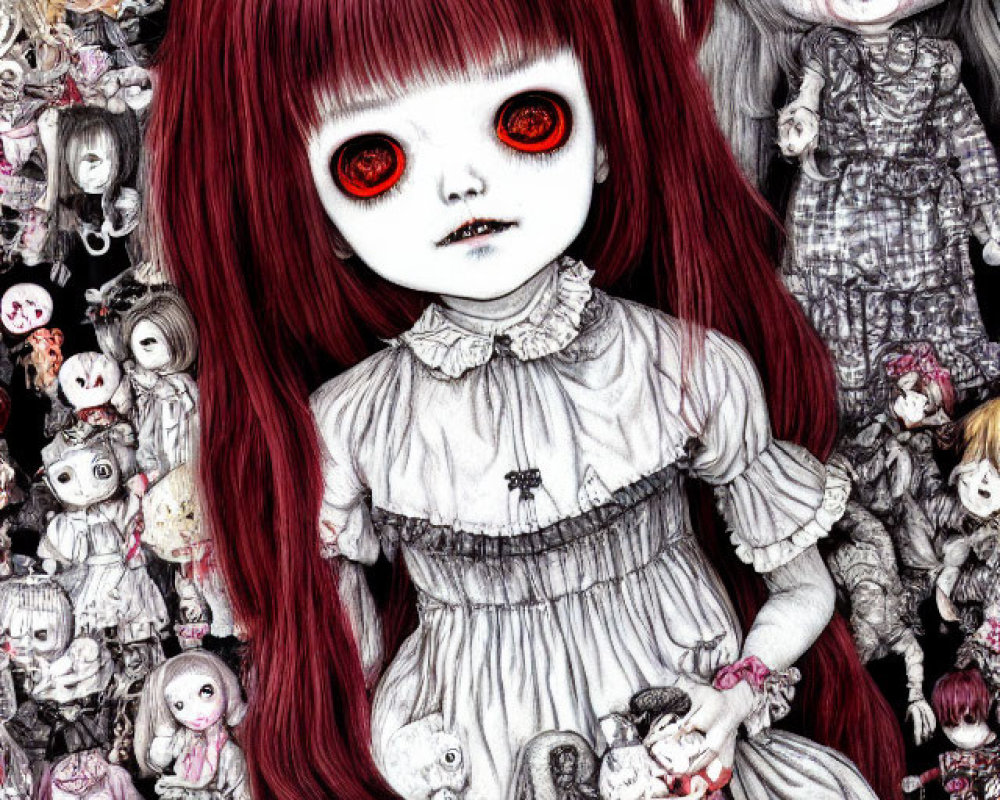 Gothic illustration of girl with red eyes and doll among eerie figures