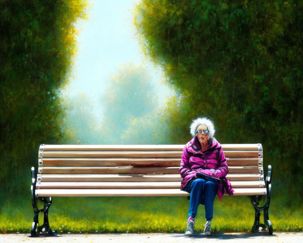 Elderly person in pink jacket and glasses on park bench with greenery and fallen petals