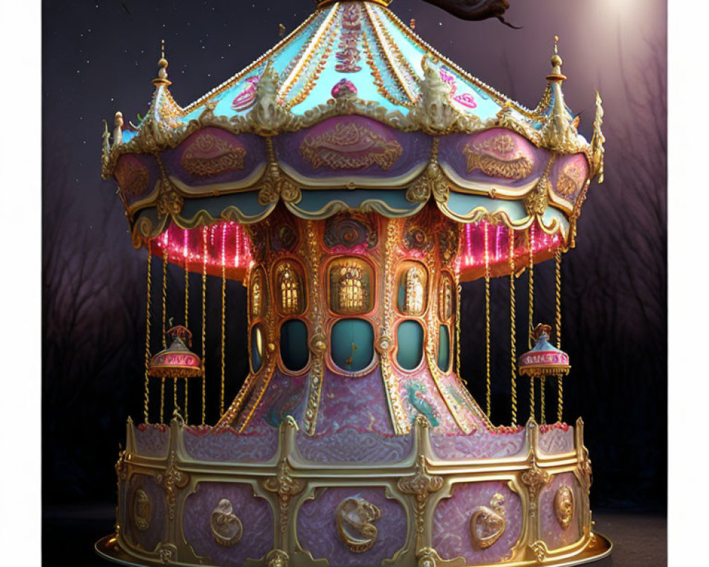 Intricate details of ornate carousel under moonlit sky