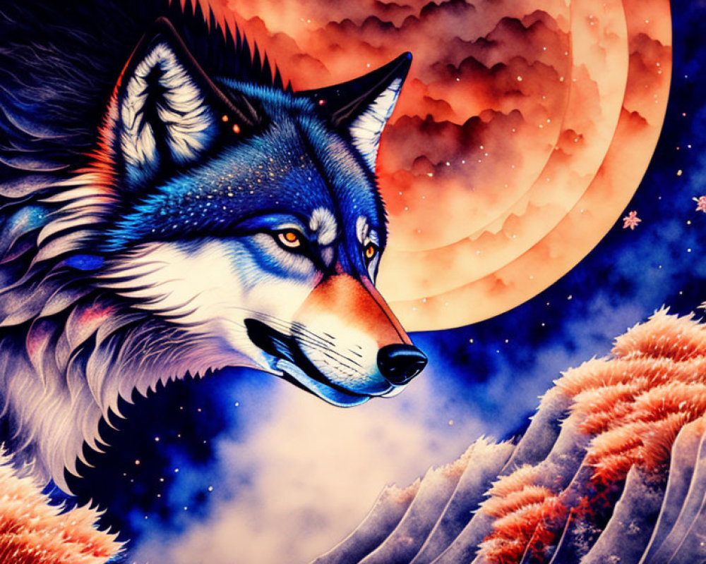 Colorful Wolf Illustration with Moonlit Sky and Swirling Clouds