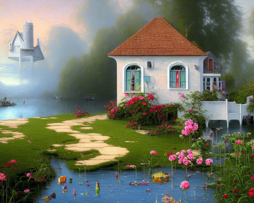 Riverside cottage with lush gardens, stone path, boat dock, pastel sky