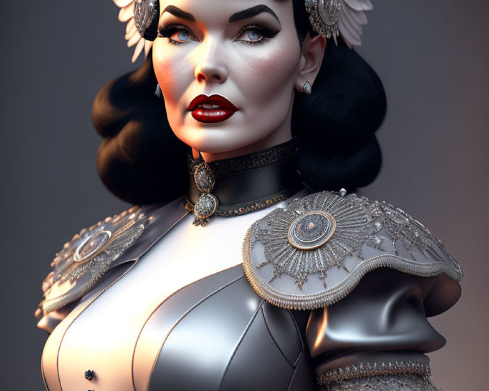 Stylized 3D illustration of woman in vintage attire with bold makeup and ornate silver armor