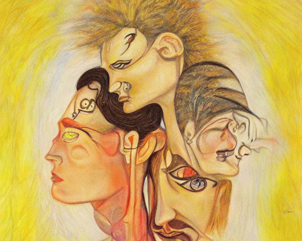 Multiple Faces with Varied Expressions on Yellow Background