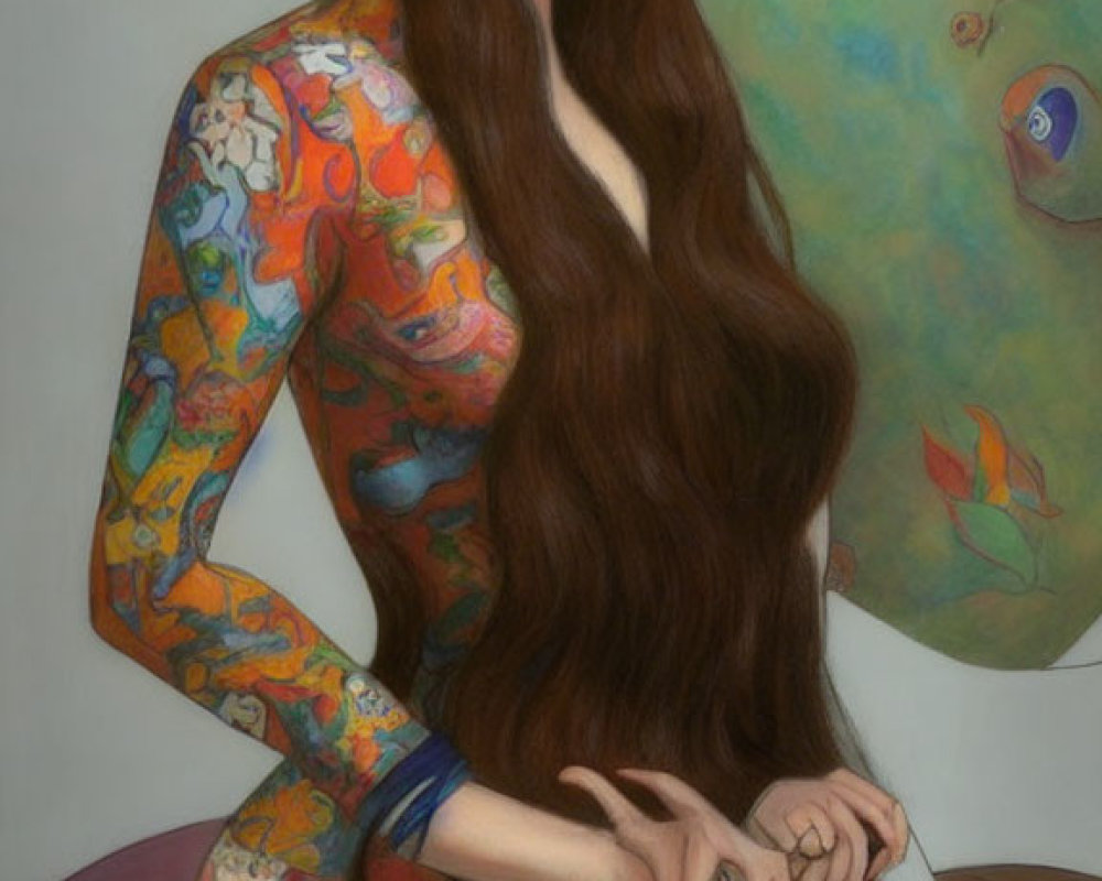 Portrait of Woman with Long Brown Hair and Colorful Tattoo-like Body Art