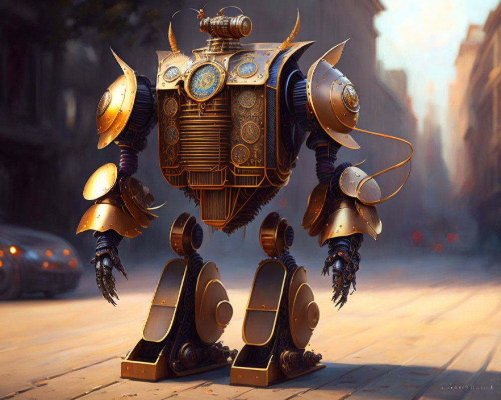 Steampunk robot with brass and gold accents in urban setting