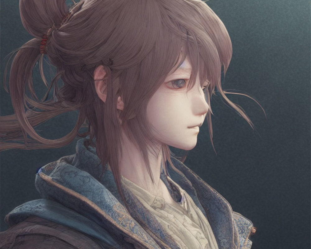 Detailed digital artwork of contemplative young woman with side ponytail and intricate hair and clothing textures against dark