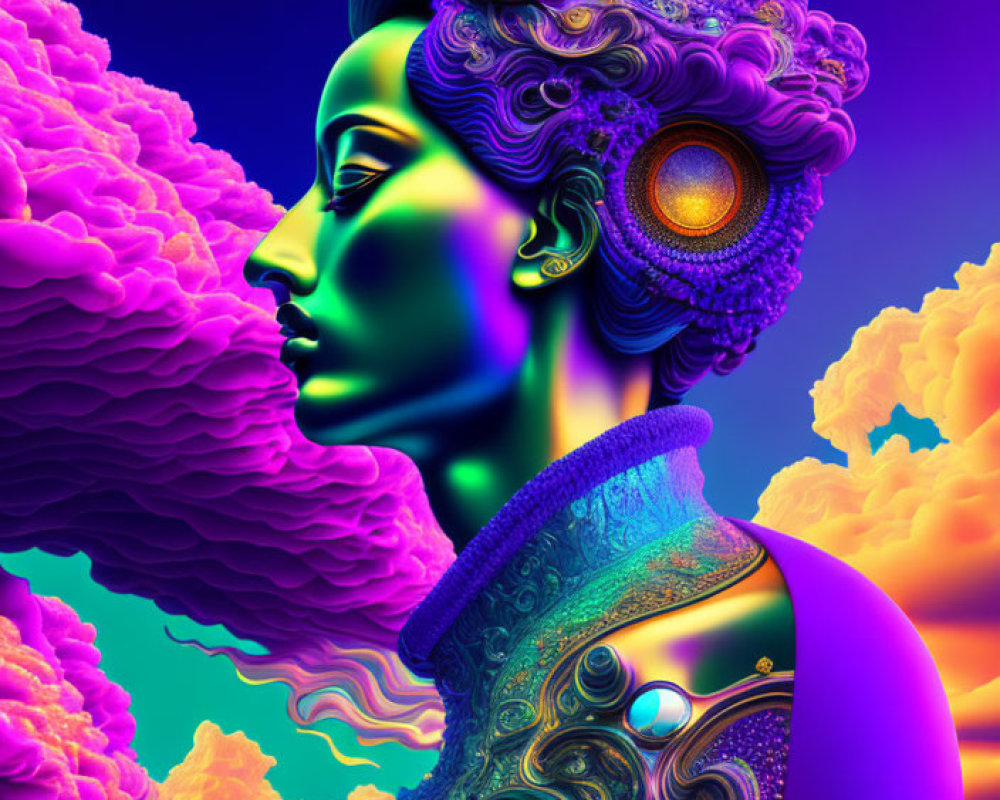 Colorful digital portrait of female figure with intricate hairstyles and butterfly decorations on psychedelic background with crescent moon