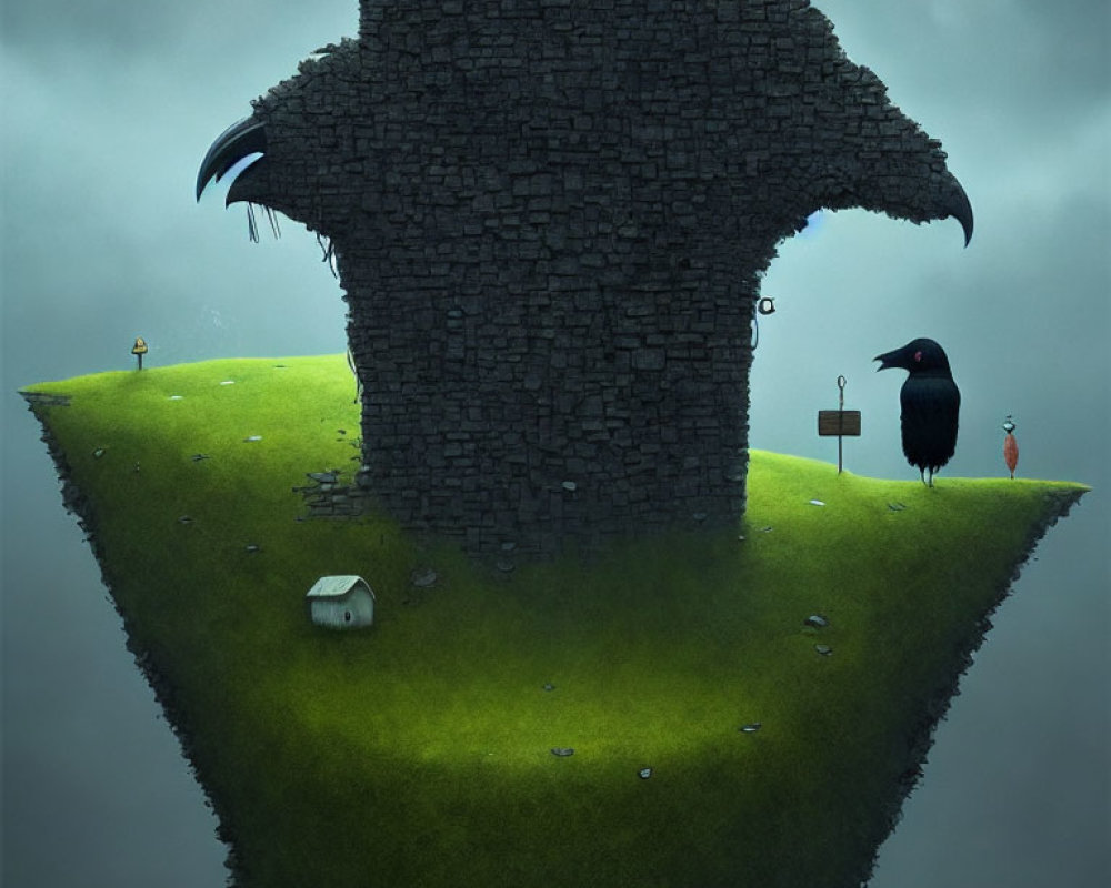 Surreal floating island with stone giant, crow, house, and enigmatic figures
