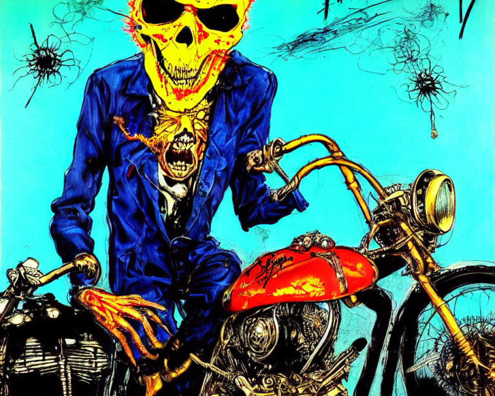 Skull-headed figure in blue suit on motorcycle against spider motif background