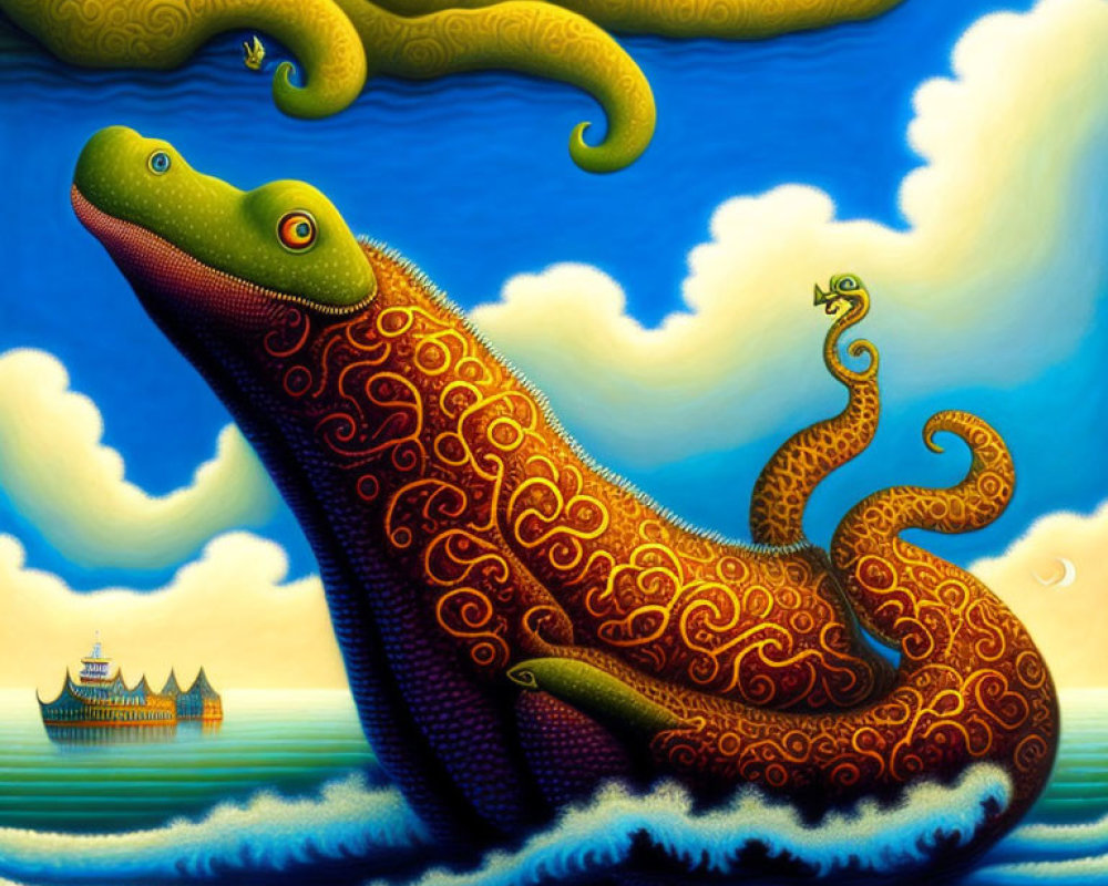 Colorful dragon artwork with temple tail, sea waves, and cloud-filled sky.