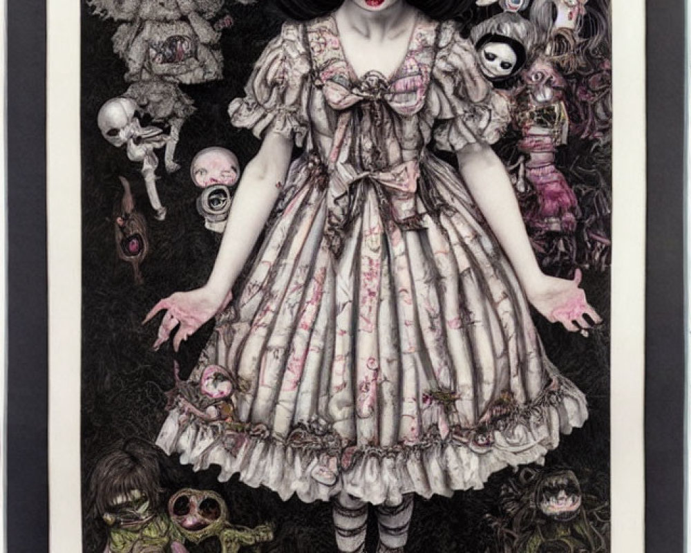 Whimsical girl illustration with exaggerated eyes and eerie dolls