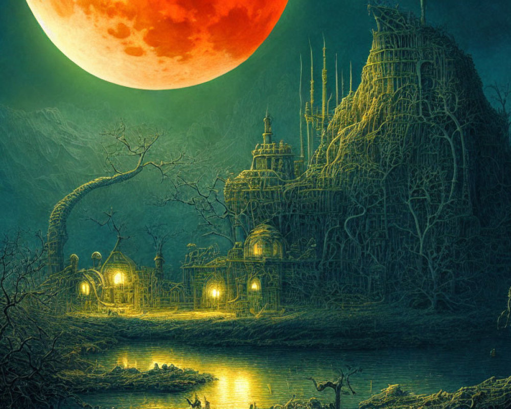 Fantasy landscape with large red moon, castle-like structure, barren trees, and glowing pond