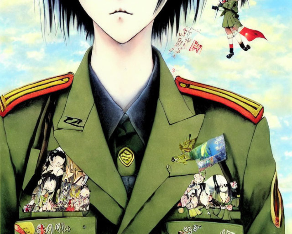 Anime character with large purple eyes and green military uniform