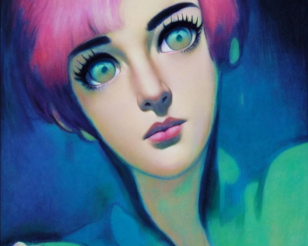 Person with Pink Hair and Large Eyes in Green Top on Blue Background