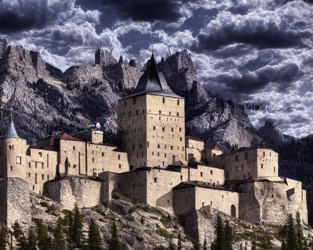 Medieval castle on rocky terrain with jagged mountains and dramatic sky