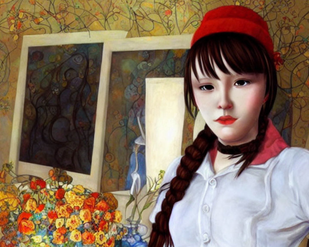 Girl with Braided Hair and Red Beret Contemplating Floral Artwork