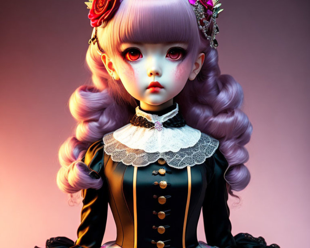 Digital artwork: Doll with large eyes, lilac hair, roses, Gothic Lolita dress