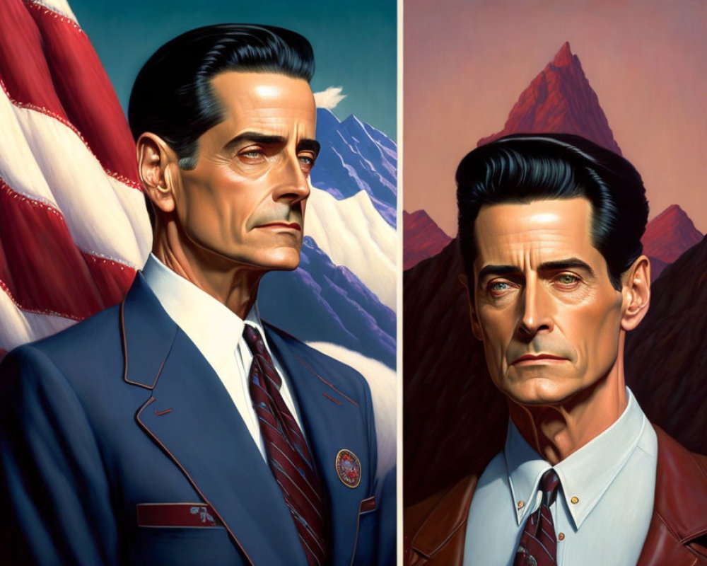 Stylized man in suit with American flag and mountain portrait.