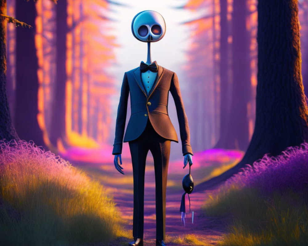 Elongated head character in suit in mystical forest at twilight