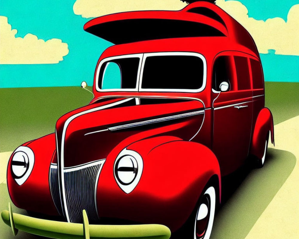 Stylized illustration of red classic car on green landscape