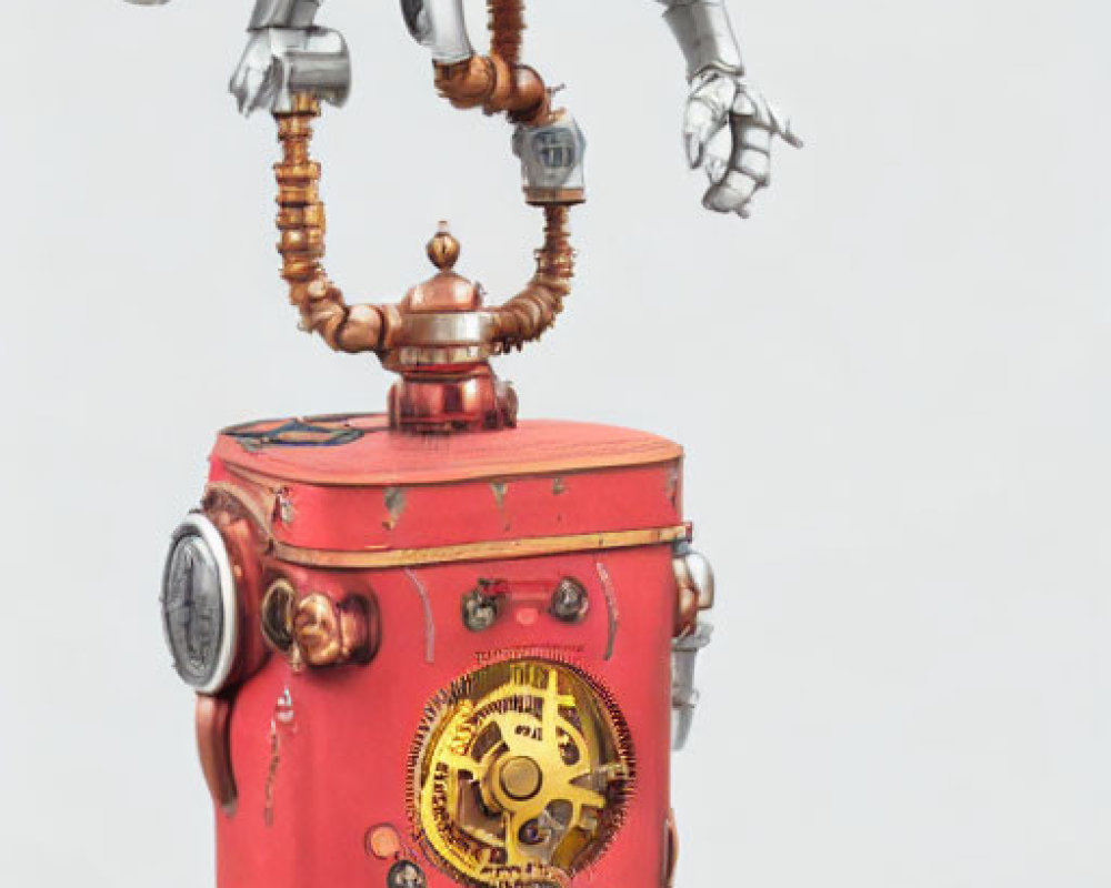 Whimsical steampunk robot with red vintage body and blue eye