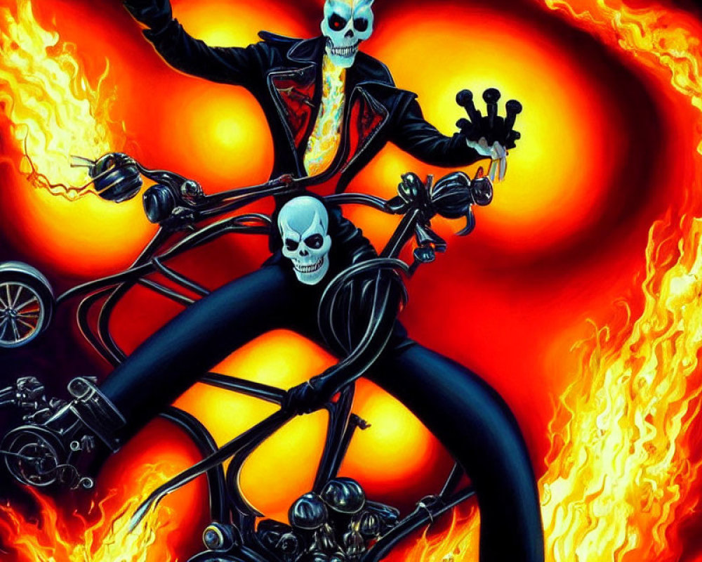 Skeleton in leather jacket rides flaming chopper motorcycle