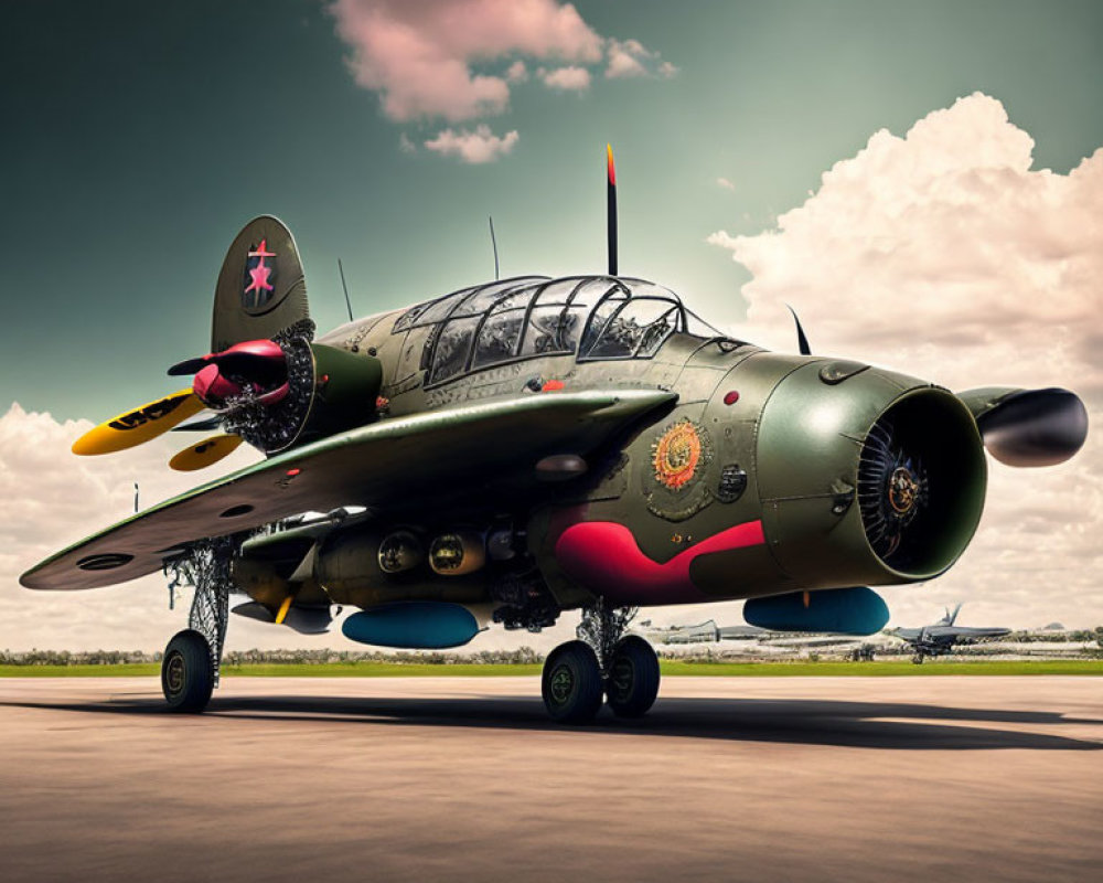 Vintage Military Aircraft with Camouflage Paint and Nose Art on Tarmac