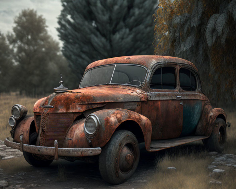 Abandoned rusted car in overgrown field with autumn trees under overcast sky