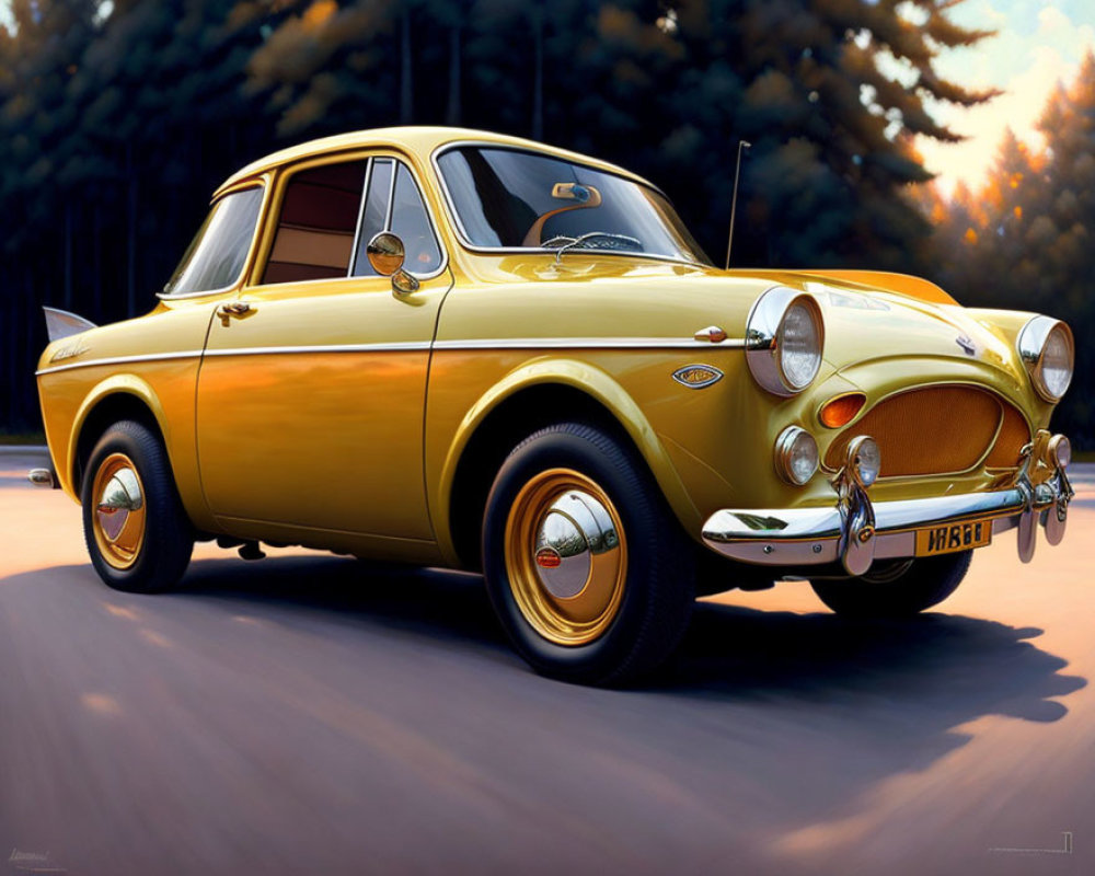 Vintage Yellow Car with Chrome Details and Round Headlights in Serene Setting