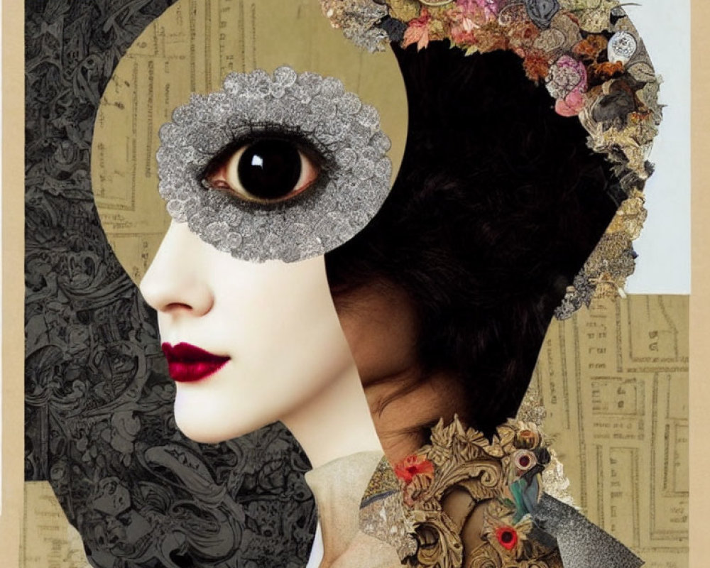 Mixed Texture Collage of Woman with Masquerade Mask & Floral Elements