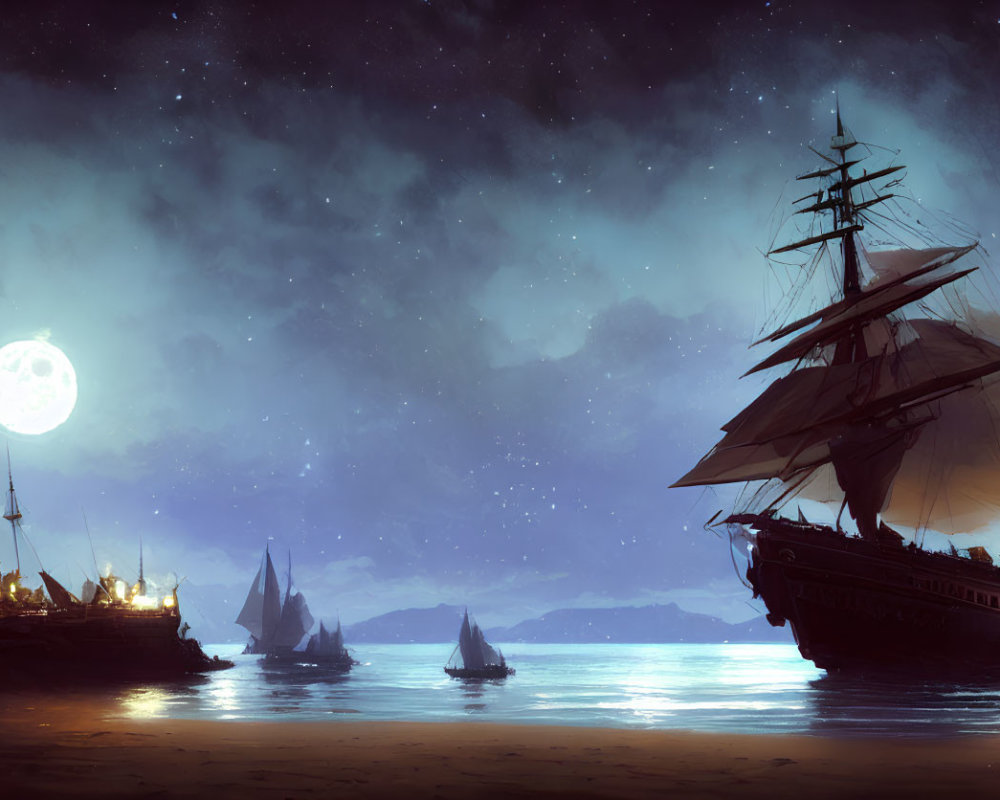 Full Moon Seascape with Sailing Ship and Boats