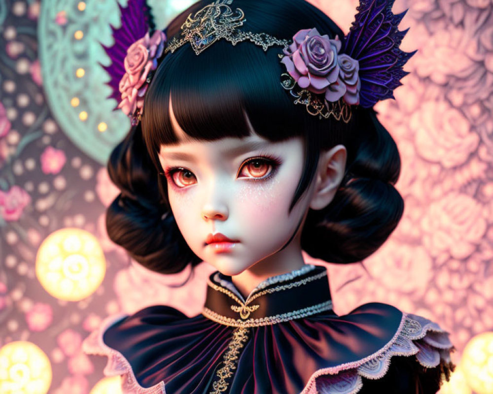 Digital artwork of girl in gothic Lolita attire with large eyes, floral headpiece, and glowing