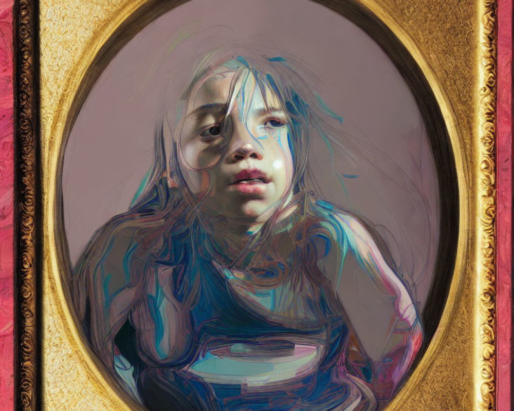 Young person with contemplative expression in ornate golden frame, featuring distorted, liquid appearance