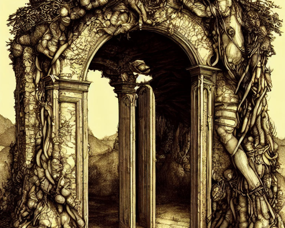 Detailed illustration of arched doorway with vines and roots