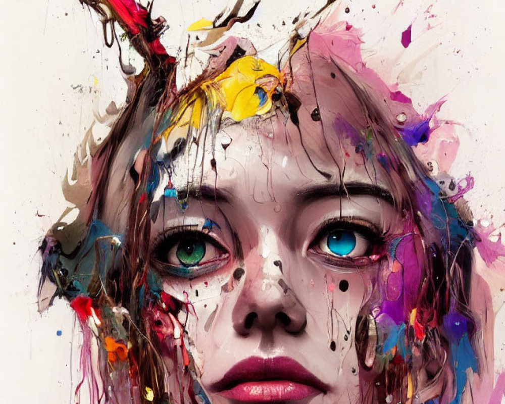 Colorful Abstract Art: Woman's Face with Paint Splashes