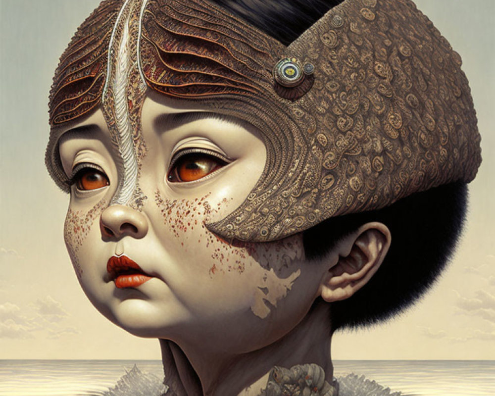 Surreal child portrait with mushroom cap, eye on forehead, and textured skin