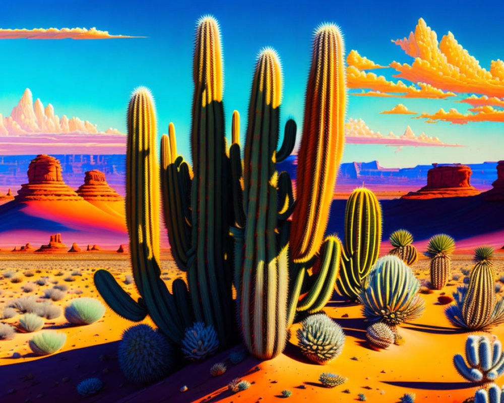 Colorful desert scene with large cacti, mesas, and buttes under a blue sky