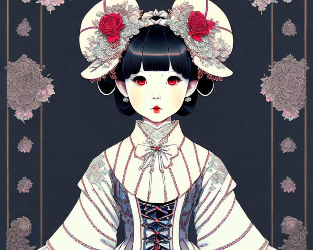 Girl with Pale Skin and Red Eyes in Victorian Attire on Dark Floral Background