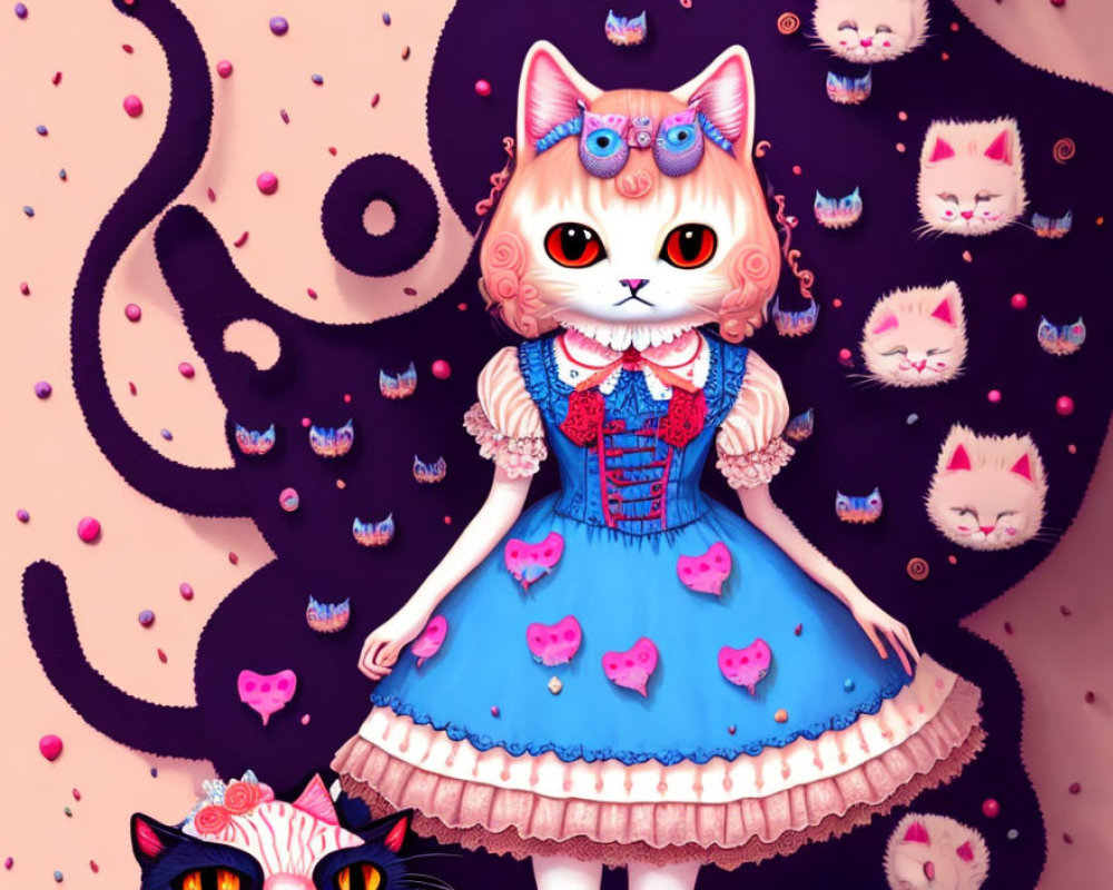 Whimsical cat character in blue & red Victorian dress with heart patterns surrounded by floating cat heads and