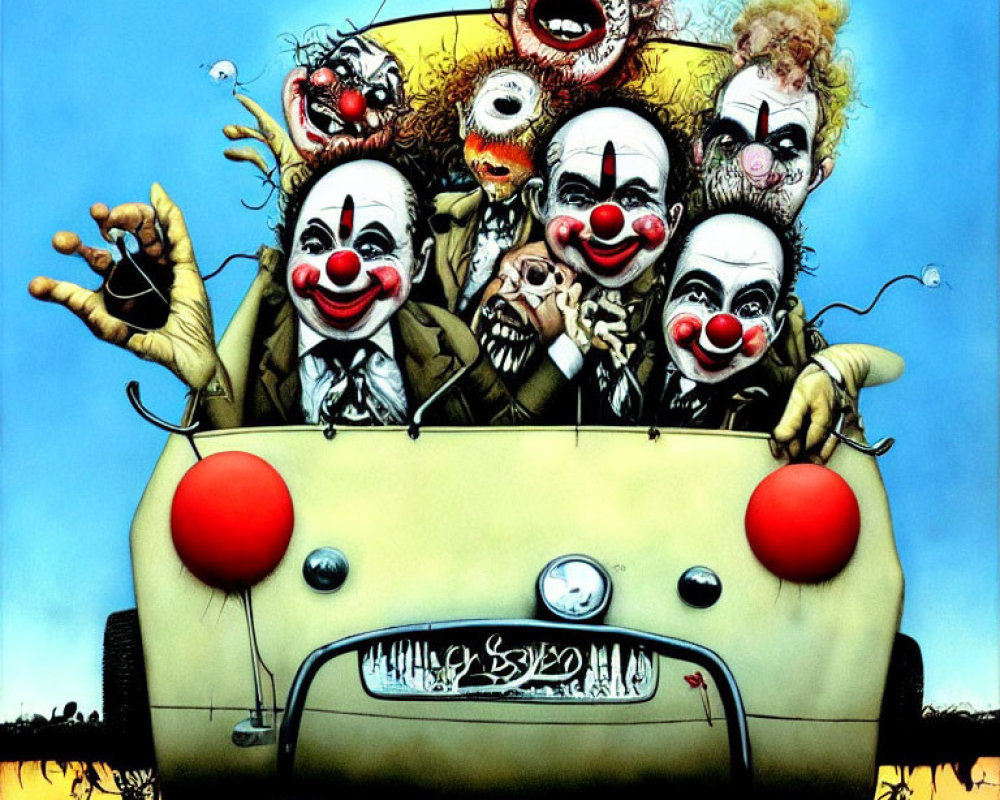 Exaggerated creepy clowns in small car under blue sky