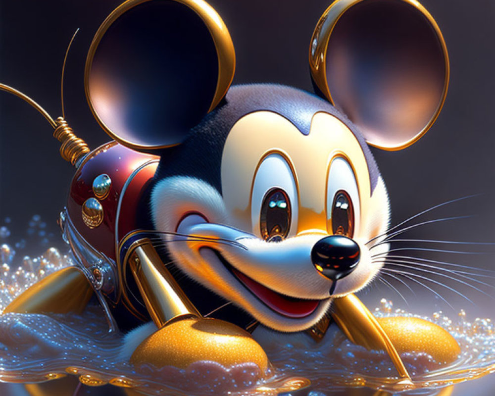 Hyper-realistic Mickey Mouse illustration with glistening eyes and golden bubbles